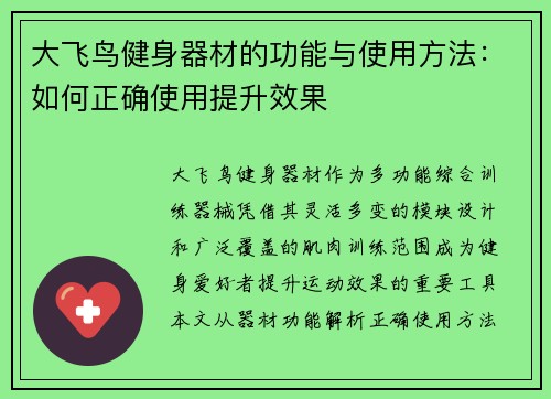 大飞鸟健身器材的功能与使用方法：如何正确使用提升效果